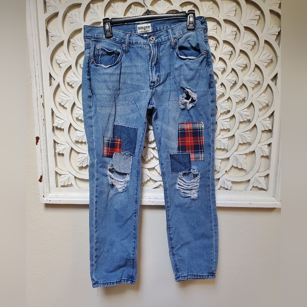 Umgee Distressed Plaid Patchwork Denim Jeans Size… - image 1